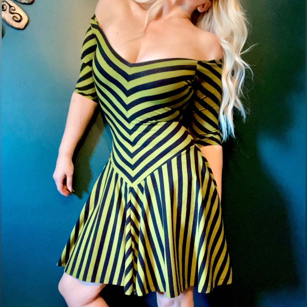 Betsey Johnson Black and Green Striped Mini Dress vintage